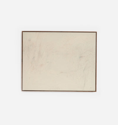A minimalist framed square canvas featuring a textured off-white surface with faint gray and beige brushstrokes, enclosed in a thin dark brown wooden frame against a clean white background.