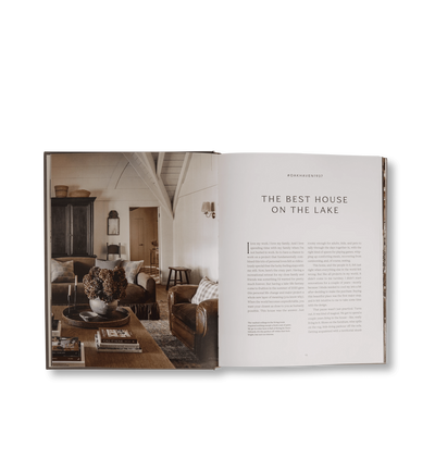 An interior view inside a book featuring home design photos and text set on a white background