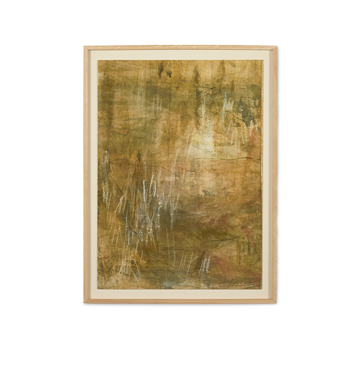 An abstract framed painting featuring textured earthy tones of brown, gold, and olive green with white paint drips, set in a light natural wood frame with a cream mat on a white background.