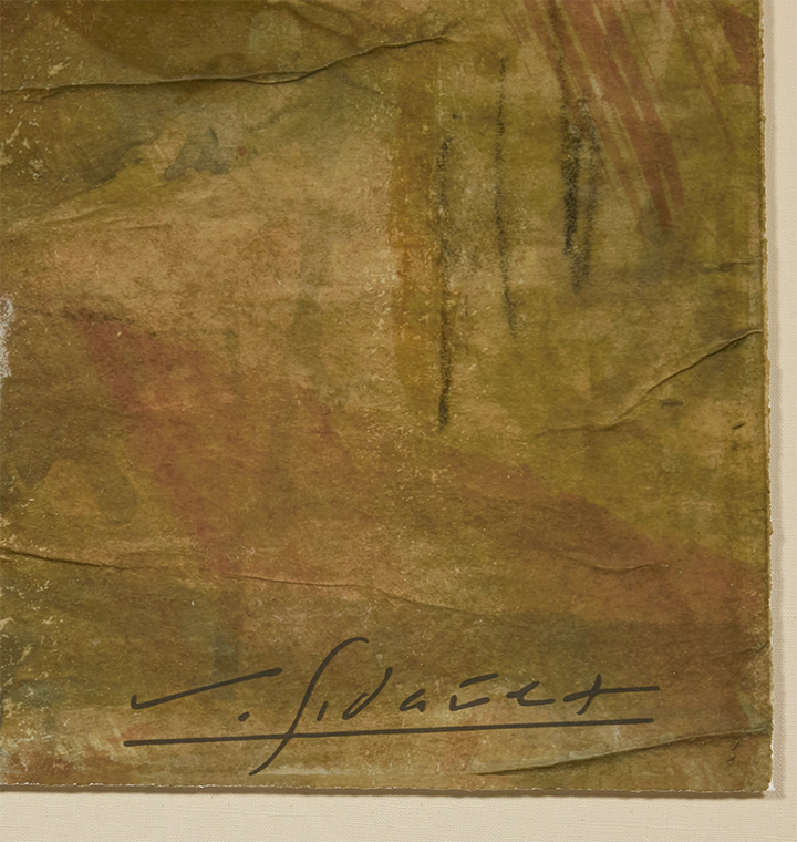 An abstract textured artwork featuring earthy tones of olive green, brown, and muted red, with a black signature at the bottom.