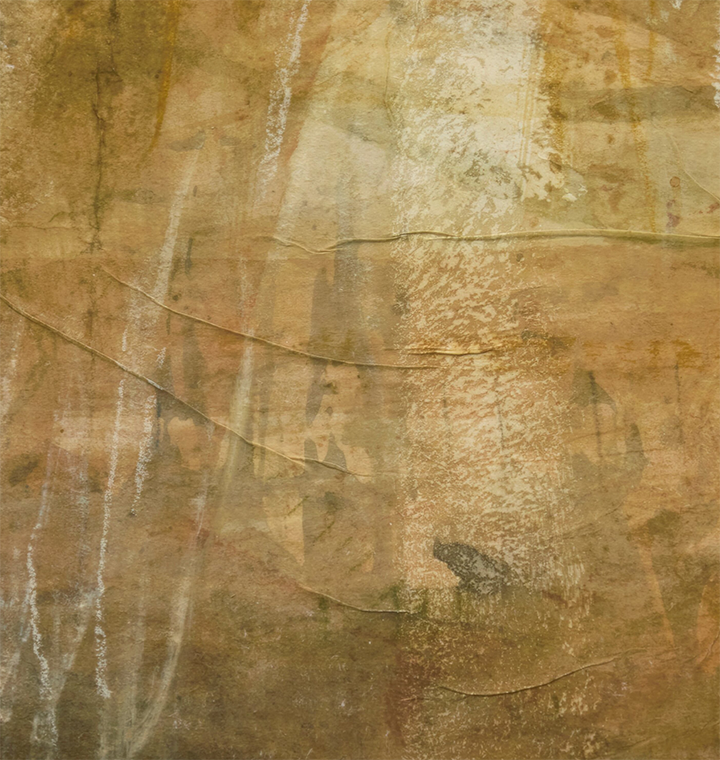 An abstract textured painting or wallpaper design featuring a mottled blend of earthy tones, primarily brown, beige, and muted gold, with distressed creases and vertical streaks.