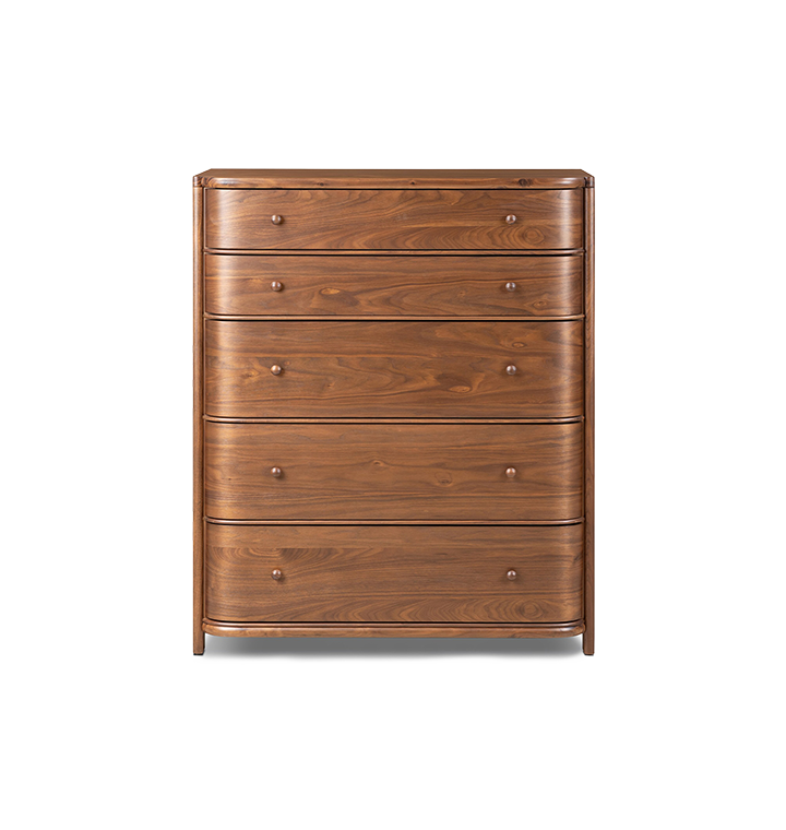 A five-drawer wooden chest of drawers with a curved front and small round knobs, shown against a plain light gray background.