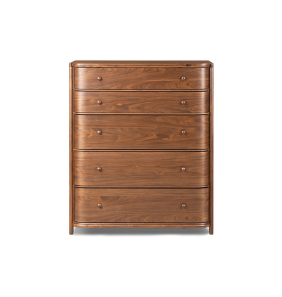 A five-drawer wooden chest of drawers with a curved front and small round knobs, shown against a plain light gray background.