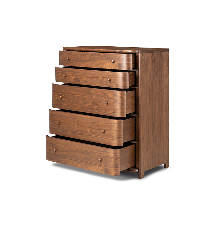 An angled open drawer view of a five-drawer wooden chest of drawers with a curved front and small round knobs, shown against a plain light gray background.