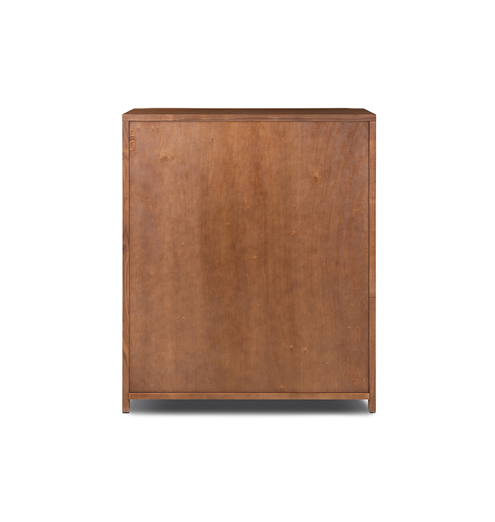 A back view of a five-drawer wooden chest of drawers with a curved front and small round knobs