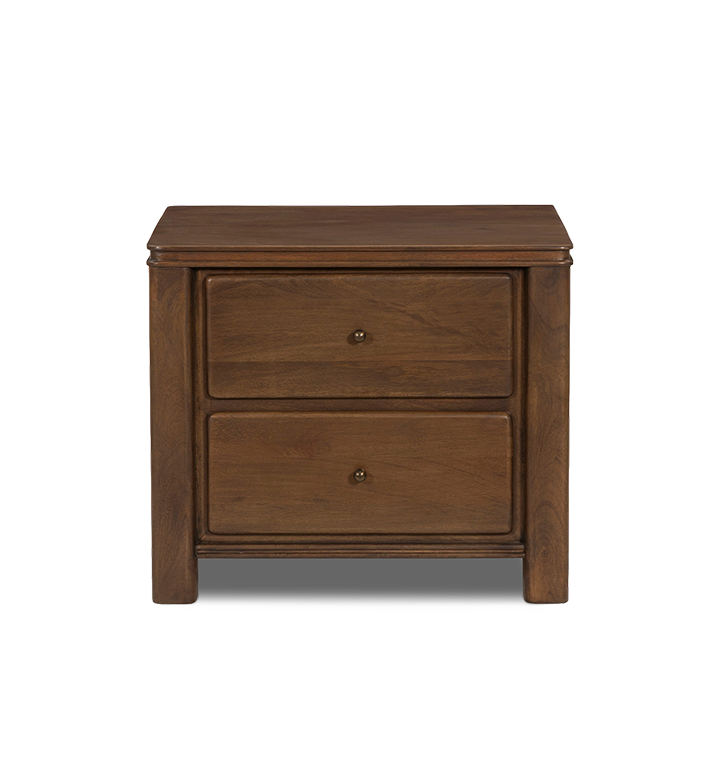 A two-drawer wooden nightstand with small round brass knobs, shown against a plain light gray background.