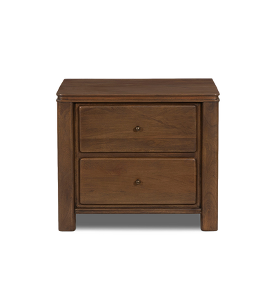 A two-drawer wooden nightstand with small round brass knobs, shown against a plain light gray background.