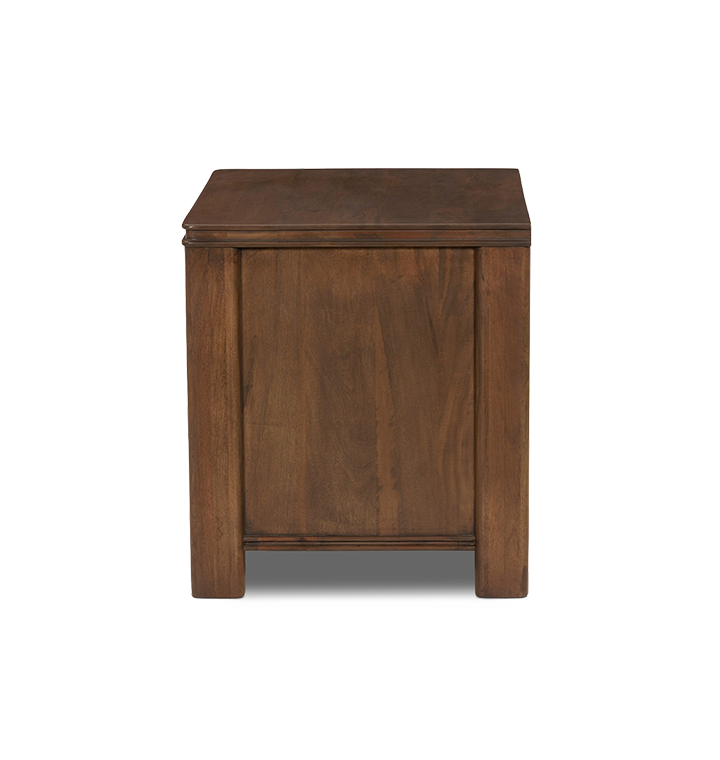 A side view of a two-drawer wooden nightstand with small round brass knobs, shown against a plain light gray background.