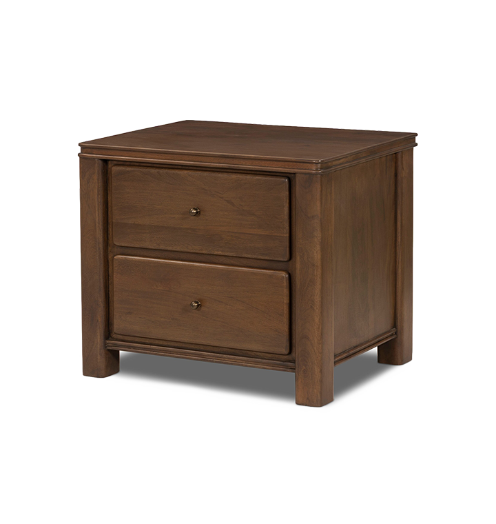 An angled view of a two-drawer wooden nightstand with small round brass knobs, shown against a plain light gray background.
