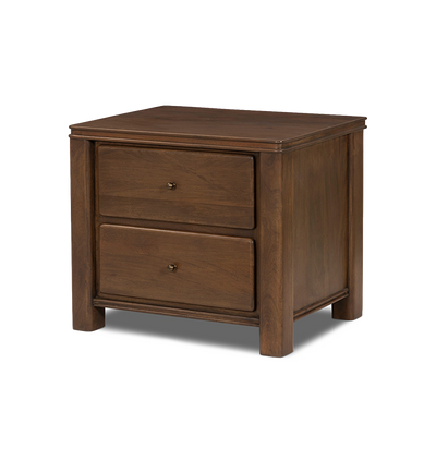 An angled view of a two-drawer wooden nightstand with small round brass knobs, shown against a plain light gray background.