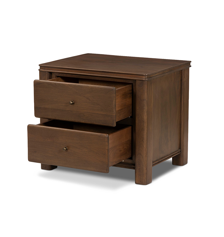 An open drawer angled view of a two-drawer wooden nightstand with small round brass knobs, shown against a plain light gray background.