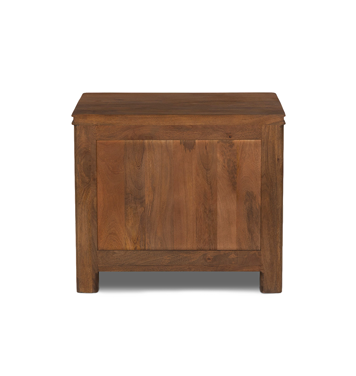A back view of a two-drawer wooden nightstand with small round brass knobs, shown against a plain light gray background.