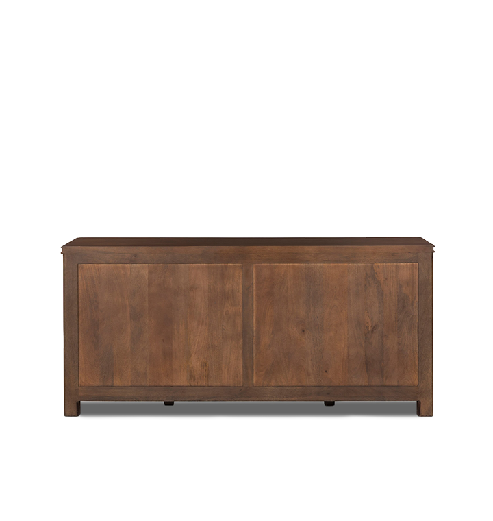 A back view of a seven-drawer wooden chest of drawers with small round brass knobs, shown against a plain light gray background.