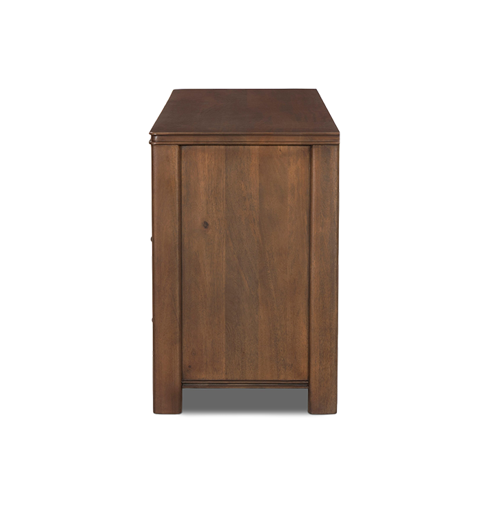 A side view of a seven-drawer wooden chest of drawers with small round brass knobs, shown against a plain light gray background.