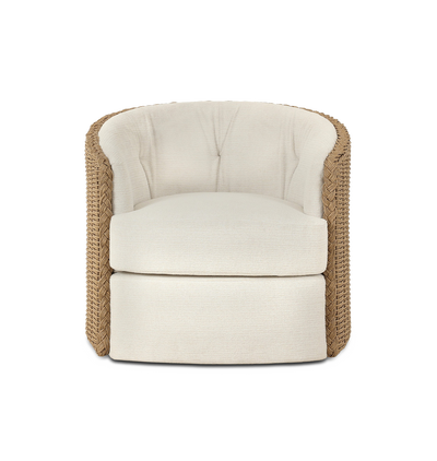 A curved outdoor swivel chair with a woven braided wicker back and sides and plush off white tufted seating