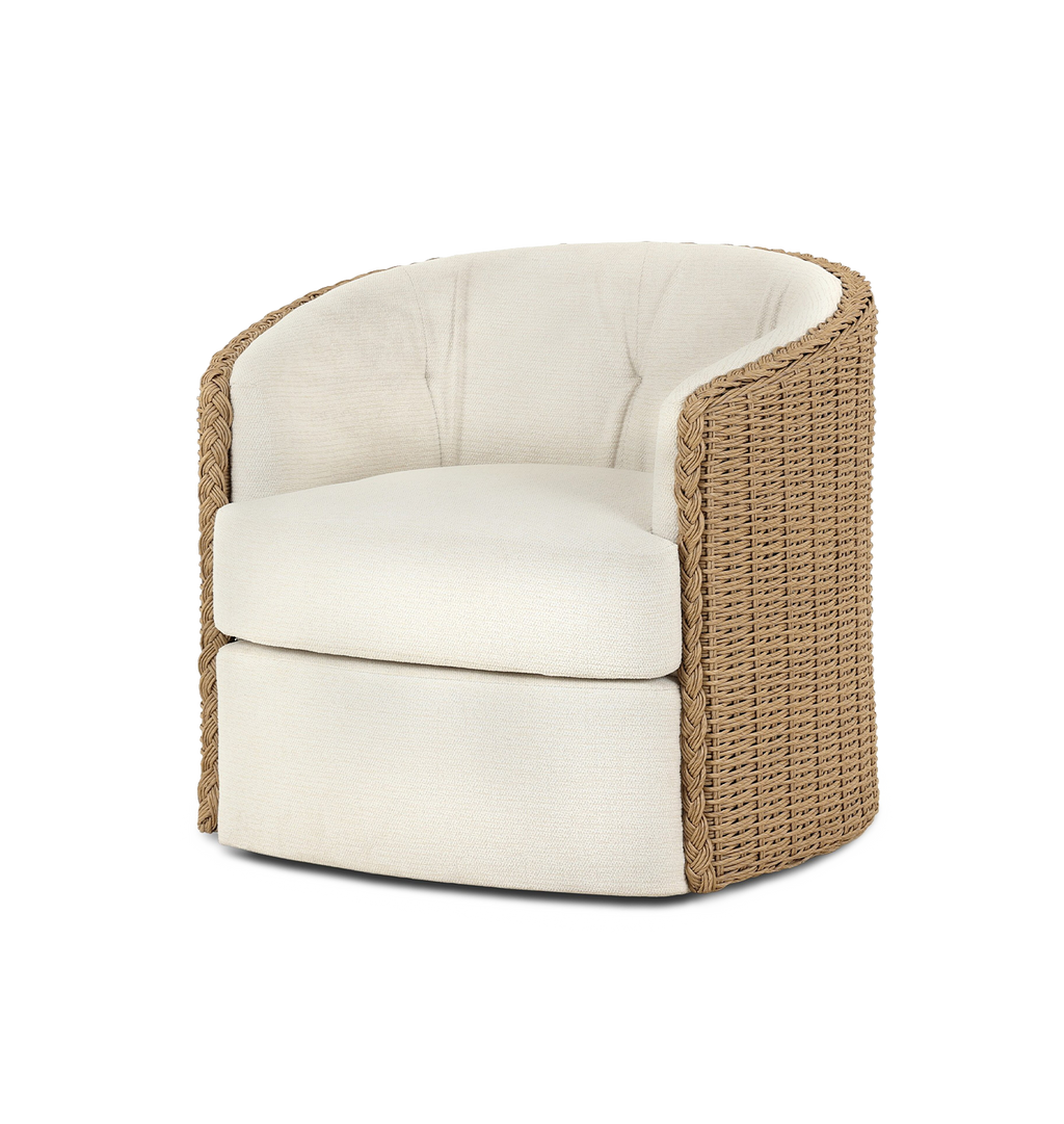 A curved outdoor swivel chair with a woven braided wicker back and sides and plush off white tufted seating