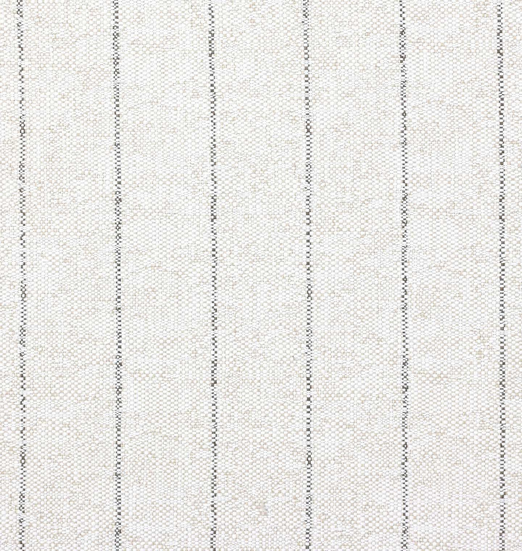 A close-up of a woven fabric texture in off-white with vertical thin gray stripes.