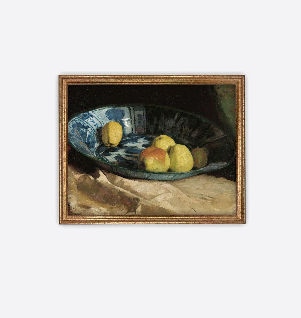 Apples in a Delft Bowl Framed Print Gold