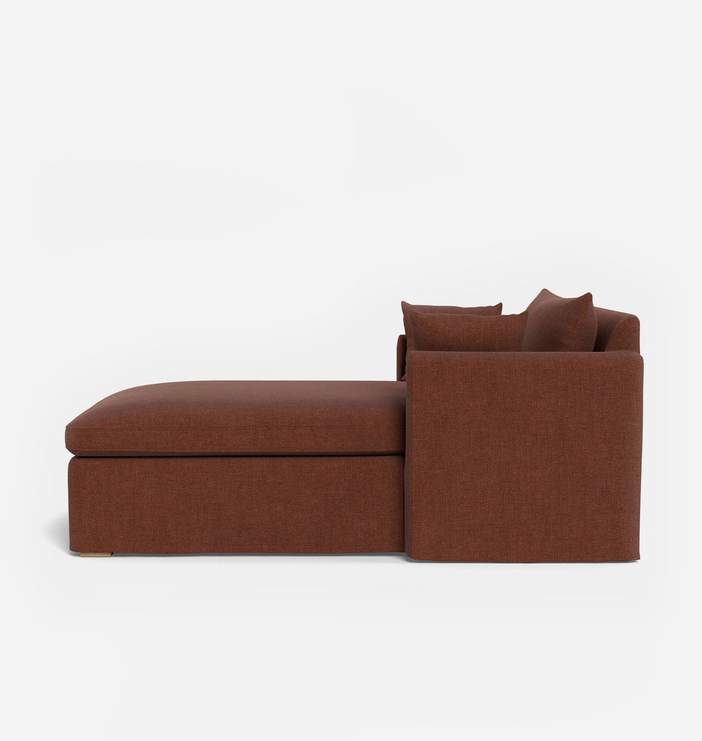 A modern brown upholstered sectional sofa with a chaise lounge on the left and a tall square backrest on the right, shown from the side against a plain light gray background.