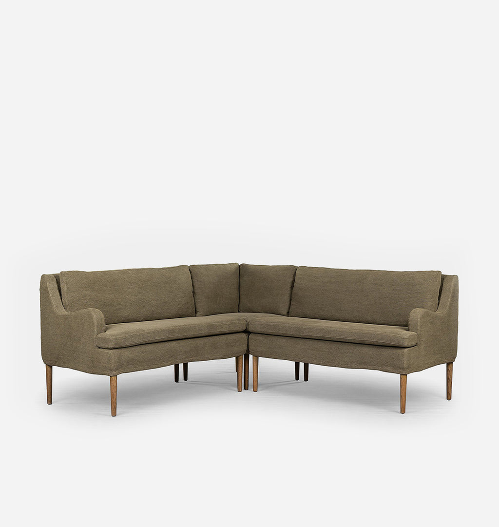A mid-century modern L-shaped sectional sofa upholstered in textured olive-brown fabric, featuring tapered wooden legs, shown against a plain light gray background.