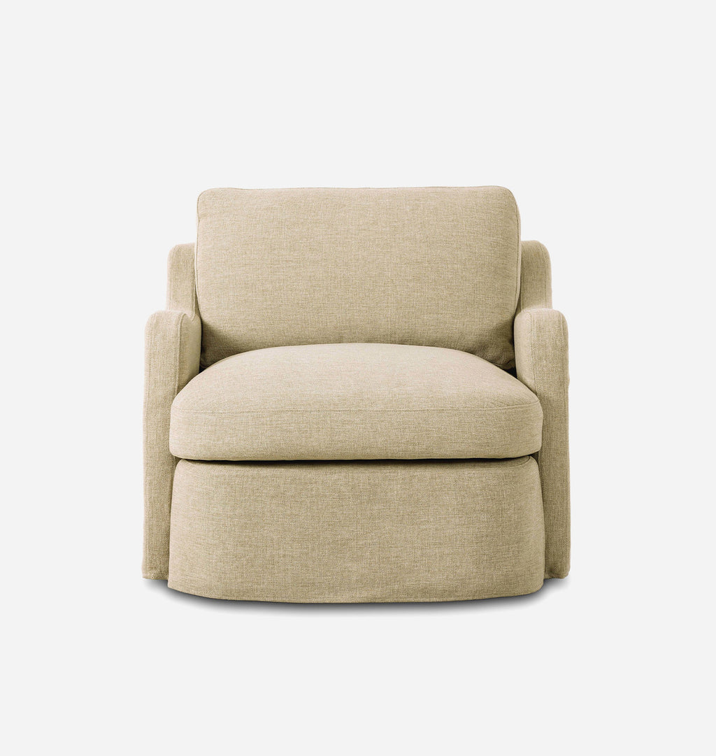 A modern upholstered accent chair in a light beige textured fabric, featuring a high back, wide armrests, and a tiered base, shown against a plain white background.