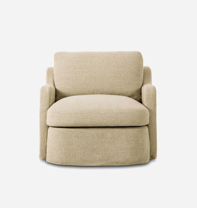 A modern upholstered accent chair in a light beige textured fabric, featuring a high back, wide armrests, and a tiered base, shown against a plain white background.