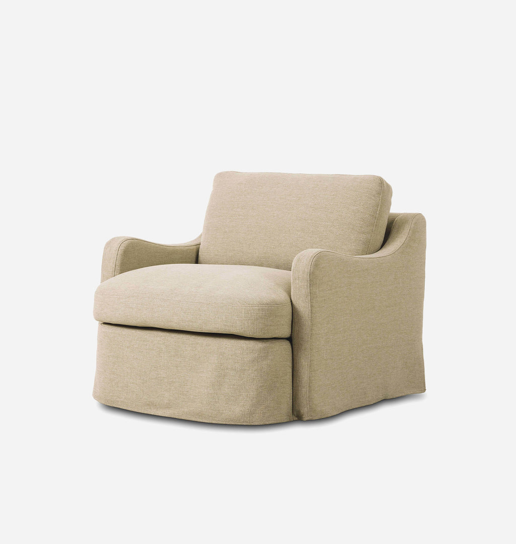 A beige upholstered swivel armchair with a high back and rounded arms, shown on a clean white background.
