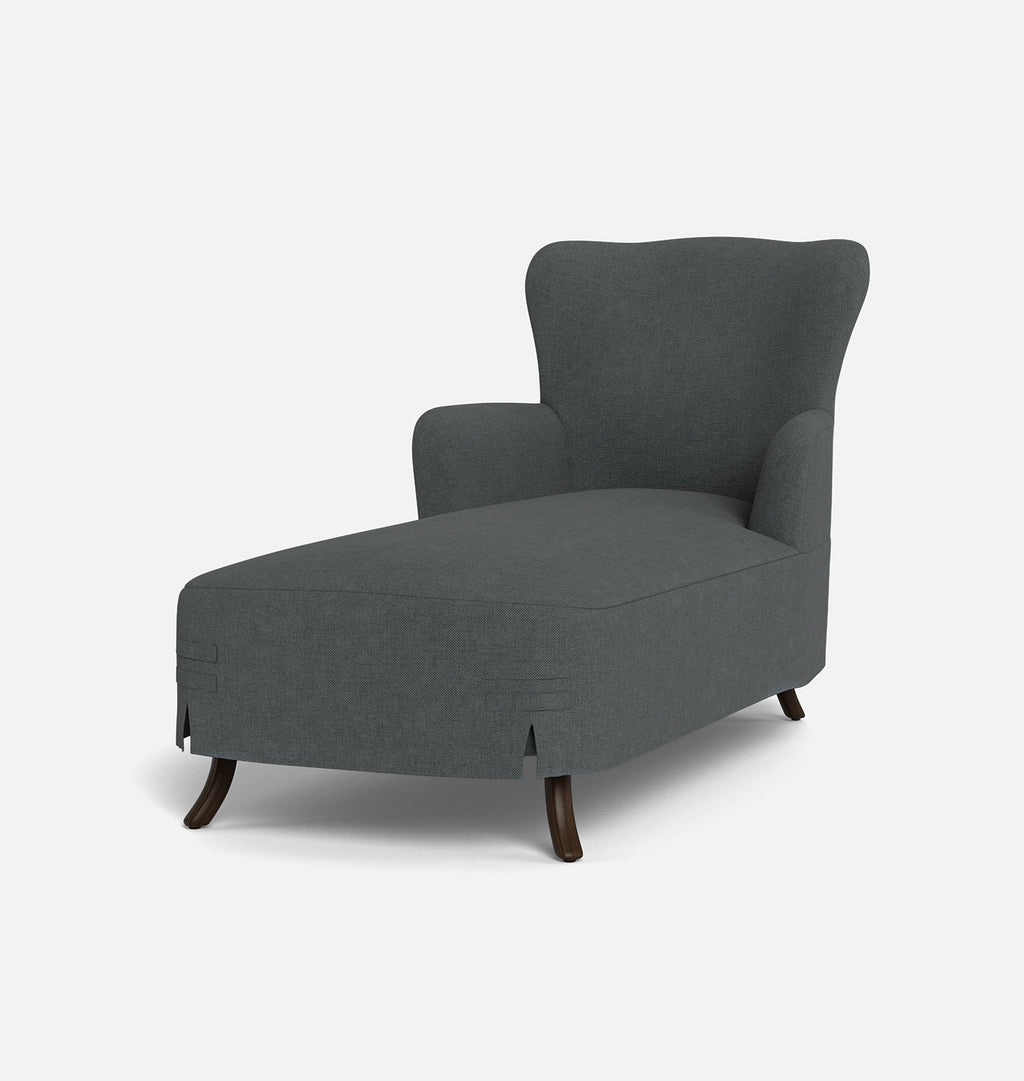 A modern gray upholstered chaise lounge chair with dark wooden legs, shown from a three-quarter angle against a plain light gray background.