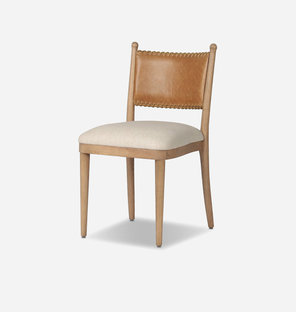 A modern wooden dining chair with a light beige upholstered seat, a tan leather backrest with a decorative rope trim, and tapered wooden legs, shown against a plain light gray background.
