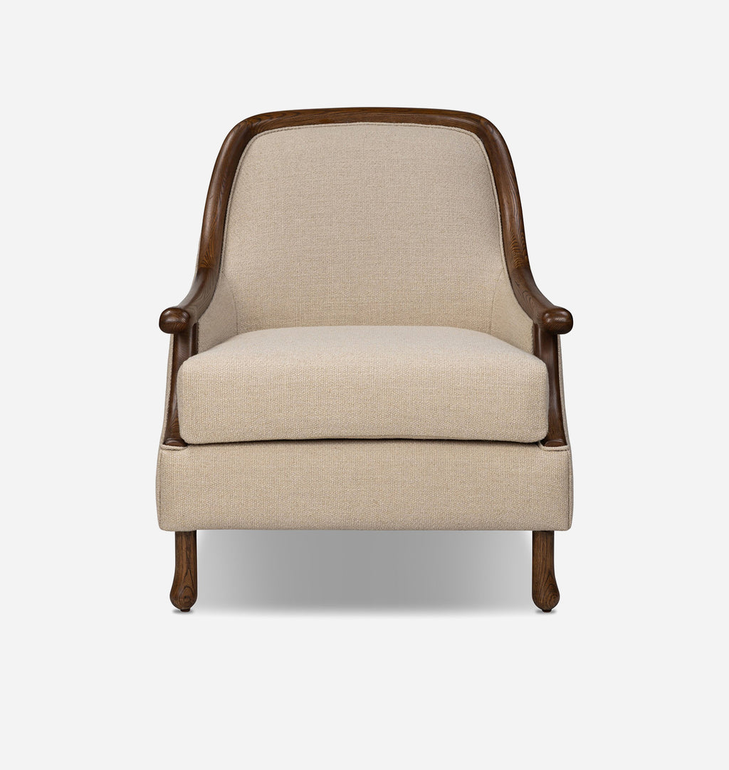 A classic-style armchair with a warm beige textured fabric upholstery and a dark brown wooden frame, shown against a plain light gray background.