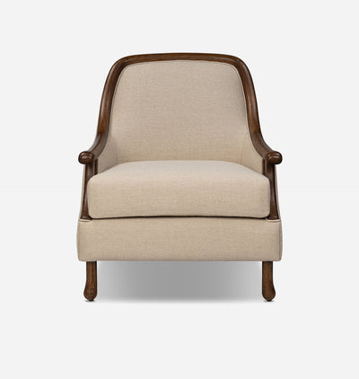 A classic-style armchair with a warm beige textured fabric upholstery and a dark brown wooden frame, shown against a plain light gray background.