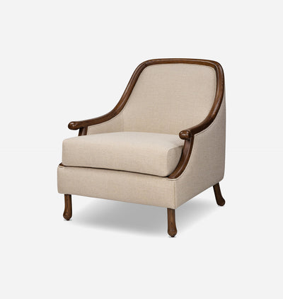 A classic armchair with beige textured upholstery and a dark brown wooden frame, shown against a plain light gray background.