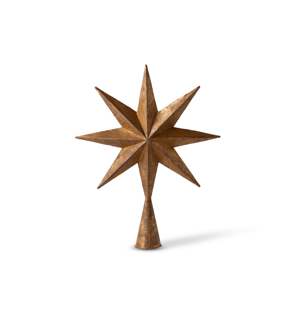 A rustic, metallic bronze star tree topper with a textured, weathered finish, shown on a clean white background with a soft shadow.