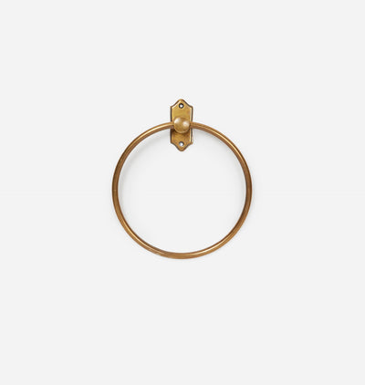 A single brass wall-mounted ring with a decorative bracket, shown against a plain light gray background.