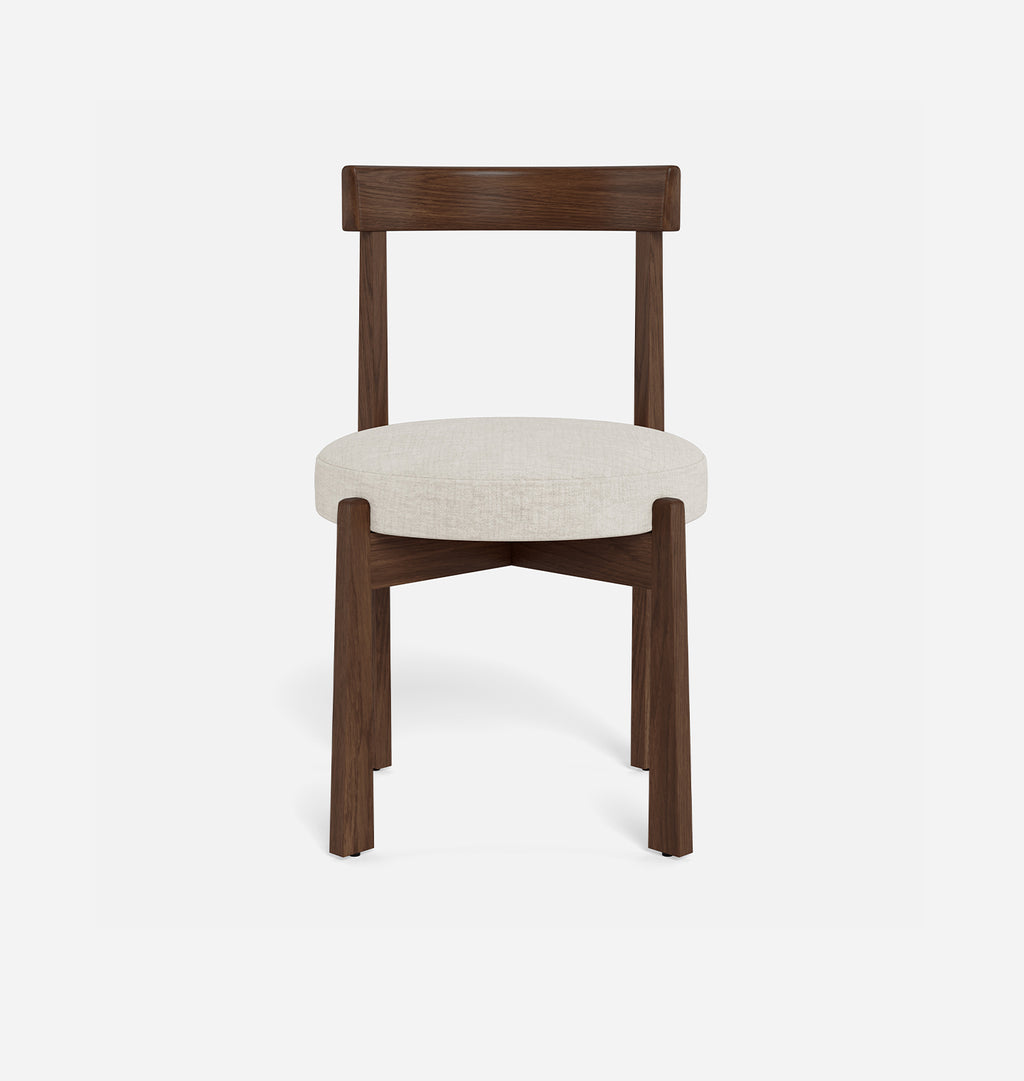 A modern dining chair with a dark brown wooden frame and a round off-white upholstered seat cushion, shown against a plain white background.