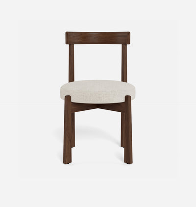 A modern dining chair with a dark brown wooden frame and a round off-white upholstered seat cushion, shown against a plain white background.