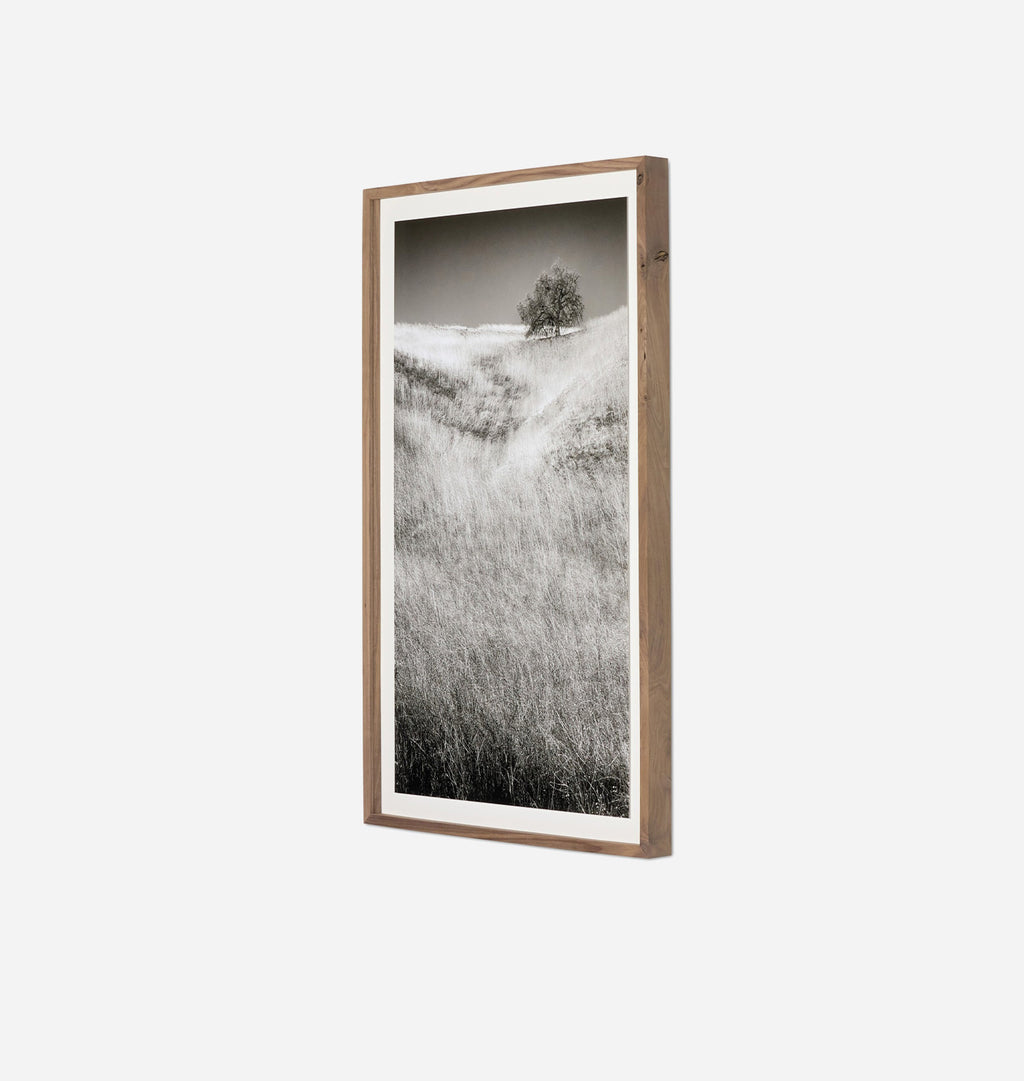 A vertical framed black and white landscape photograph of a grassy hill with a lone tree, presented in a light natural wood frame with a white mat against a light gray background.