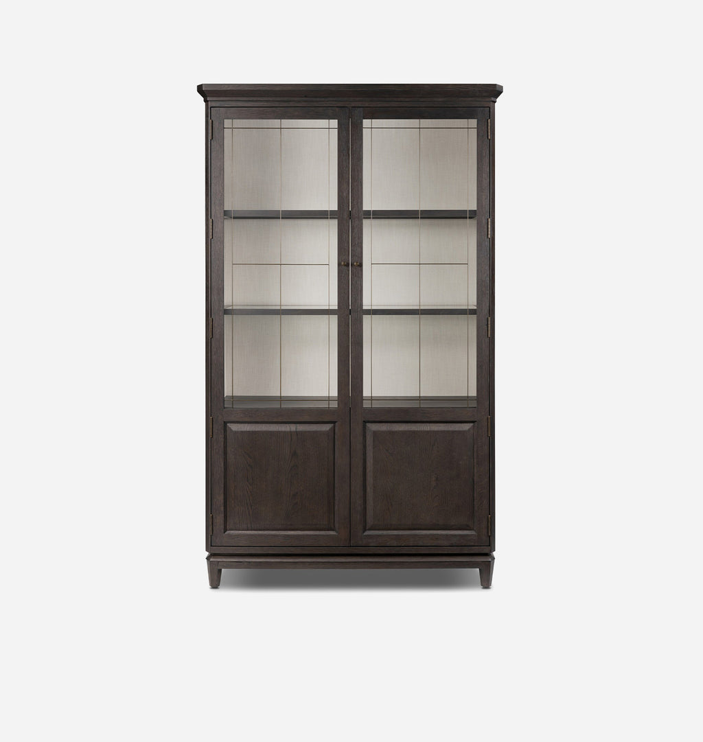A tall dark brown wooden display cabinet with two glass-paneled doors, four interior shelves, and two lower solid wood doors, shown against a plain light gray background.