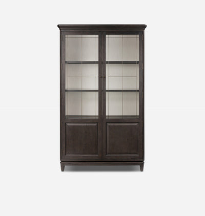 A tall dark brown wooden display cabinet with two glass-paneled doors, four interior shelves, and two lower solid wood doors, shown against a plain light gray background.