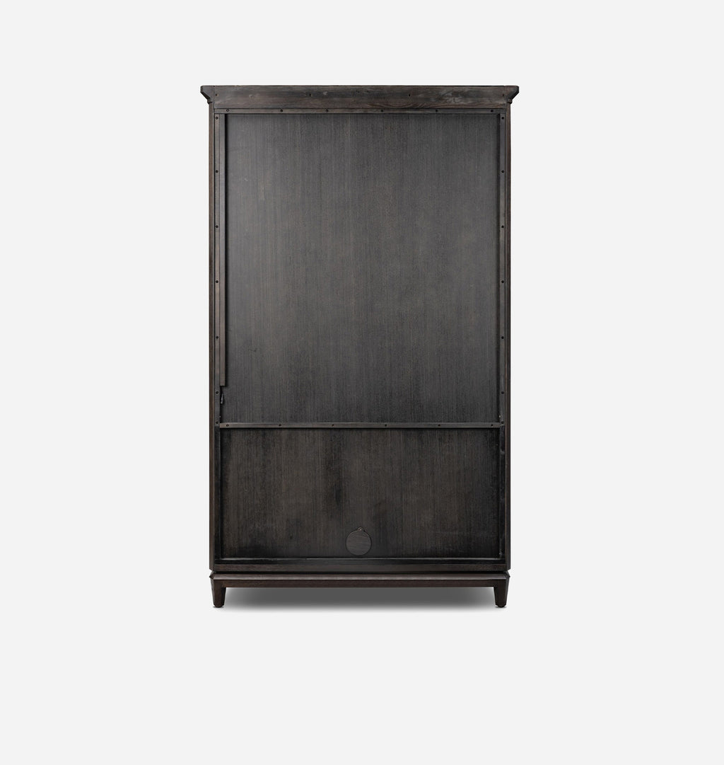 A tall, dark wood cabinet with a distressed finish, featuring a two-door design with a lower panel and decorative metal rivets, shown against a plain light gray background.