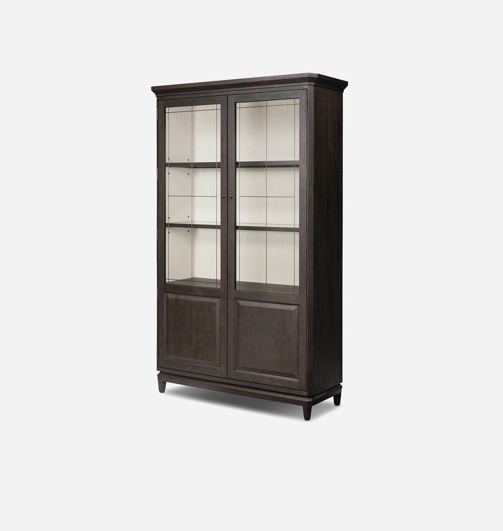 A tall dark brown wooden display cabinet with two glass-paneled doors, four interior shelves, and two lower solid wood doors, shown against a plain light gray background.