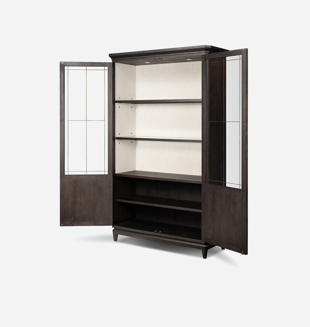 A tall dark wood armoire or cabinet with two glass-paneled doors shown open, revealing multiple interior shelves, on a light gray studio background.