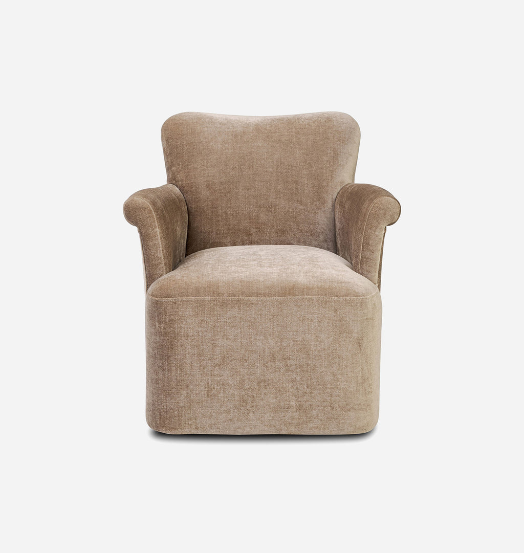 A classic armchair upholstered in textured beige fabric, featuring rolled arms, a high backrest, and a square base, shown against a plain white background.