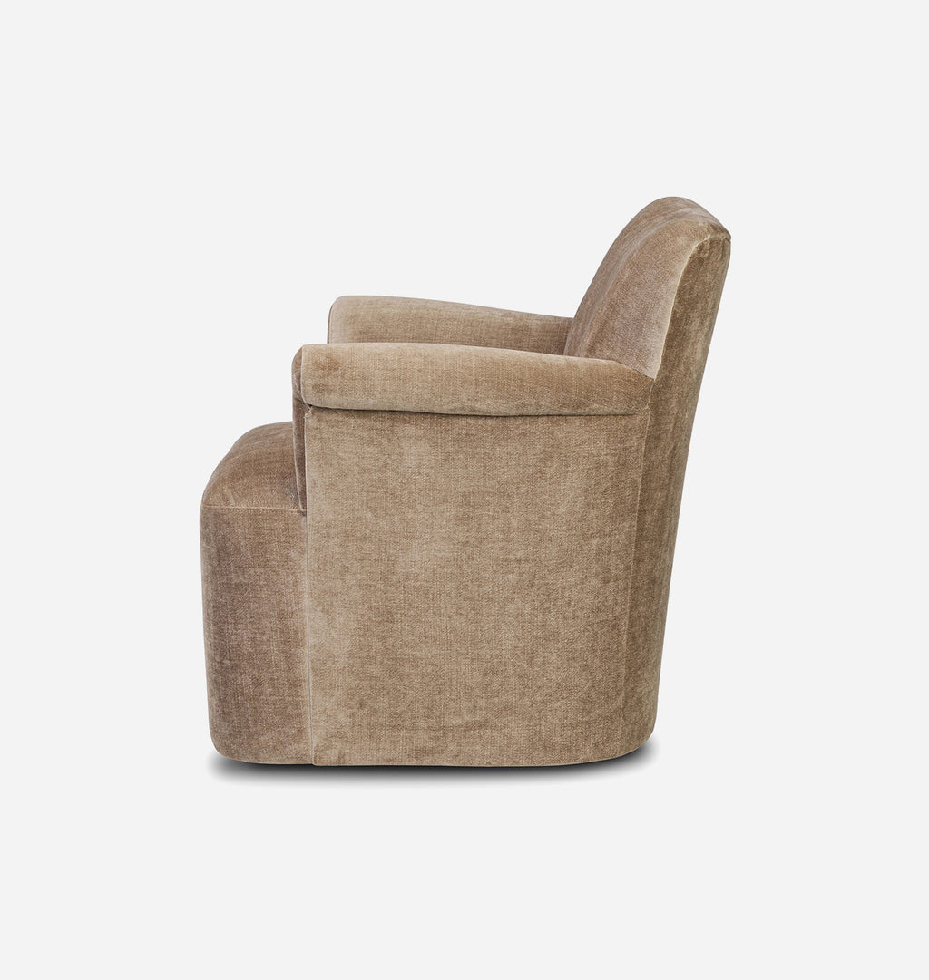 A single upholstered accent chair in a textured taupe-beige fabric, shown from a three-quarters side angle against a plain white background.