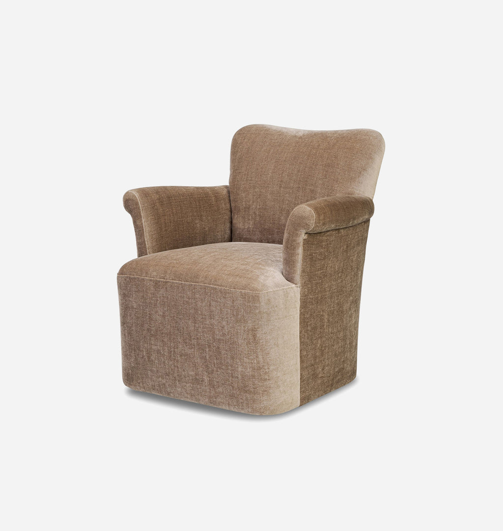 A modern accent chair upholstered in a textured taupe fabric, featuring a rounded backrest, rolled arms, and a square base, shown against a plain light gray background.
