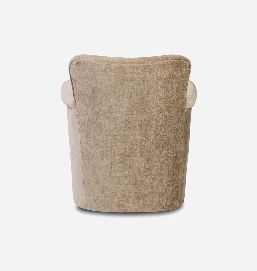 A single upholstered armchair shown from the back on a clean white background. The chair has a tall rounded back, a textured woven fabric in a warm taupe-beige tone, and small round light beige accent pieces on the sides of the arms.