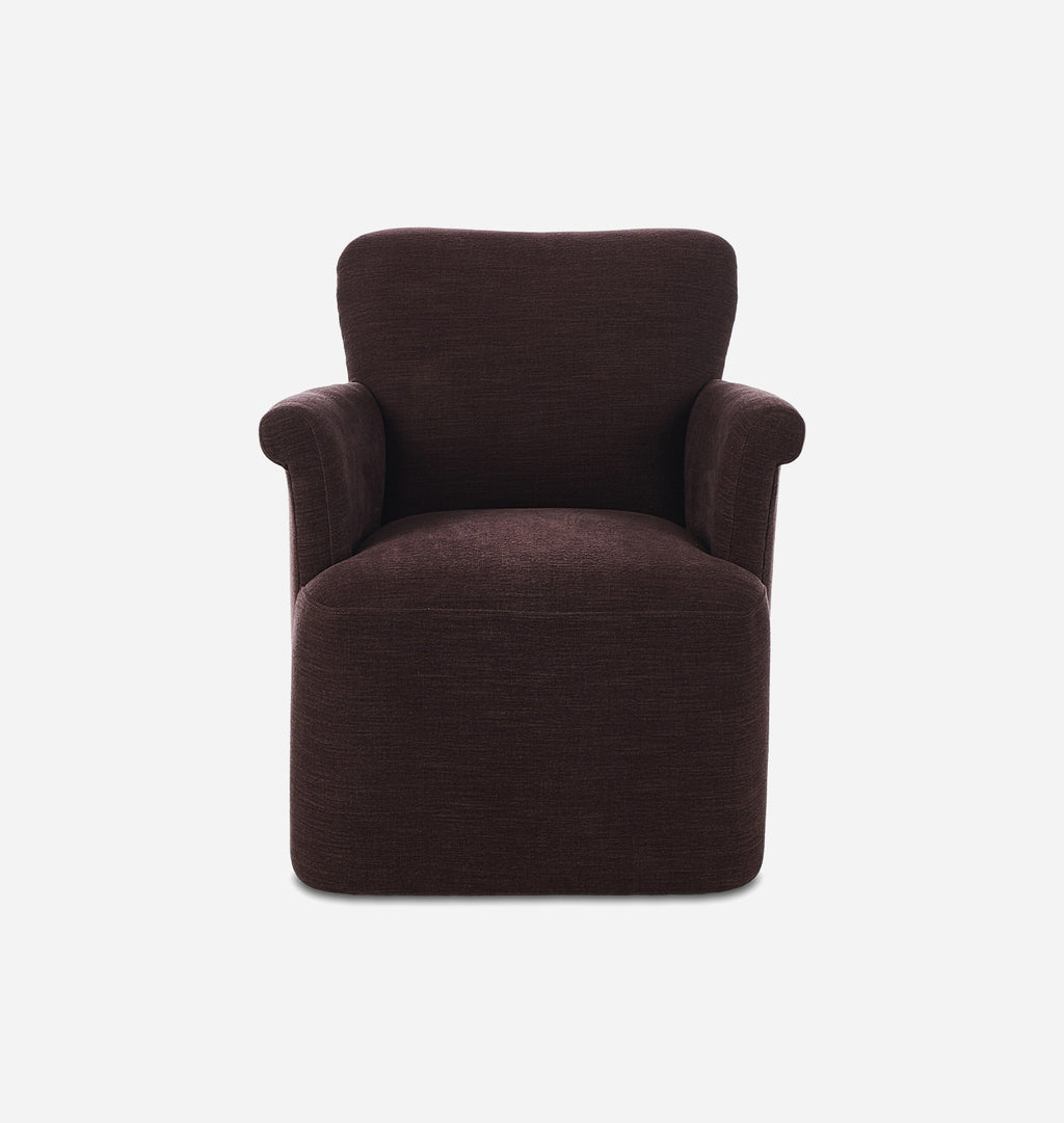 A dark plum upholstered armchair with rolled arms and a high back, shown against a plain light gray background.