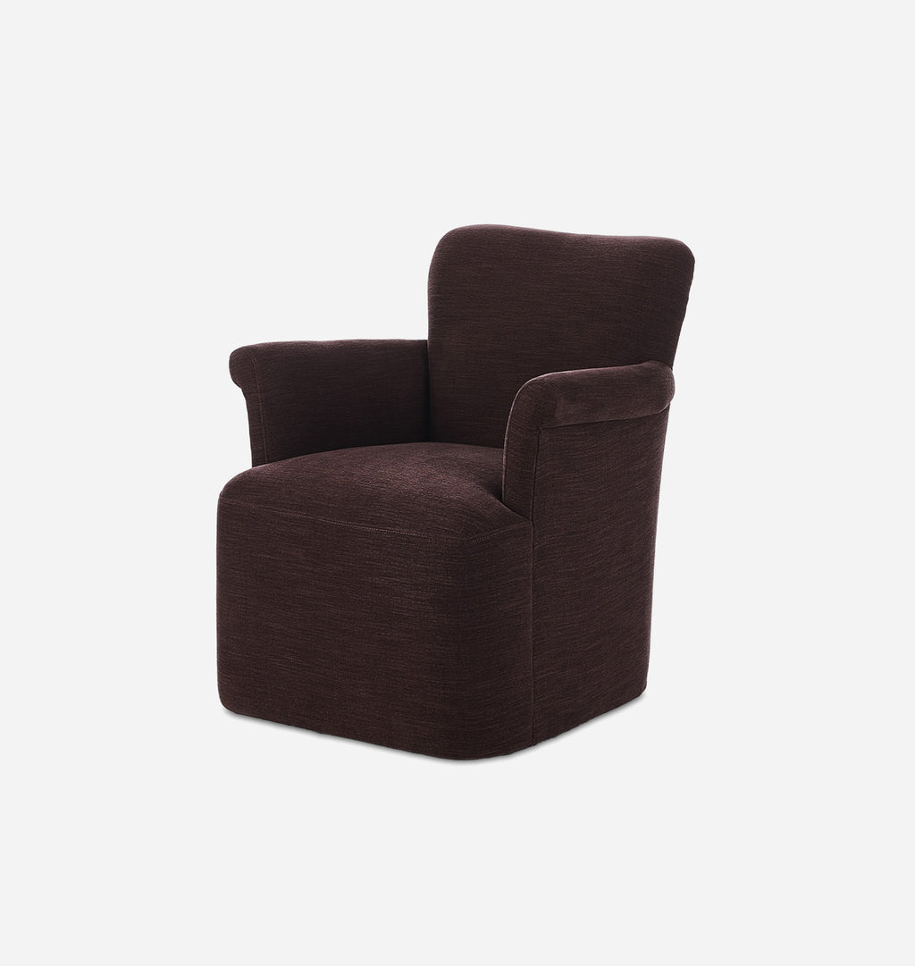 A dark plum upholstered armchair with a rounded backrest and wide armrests, shown on a plain light gray background.