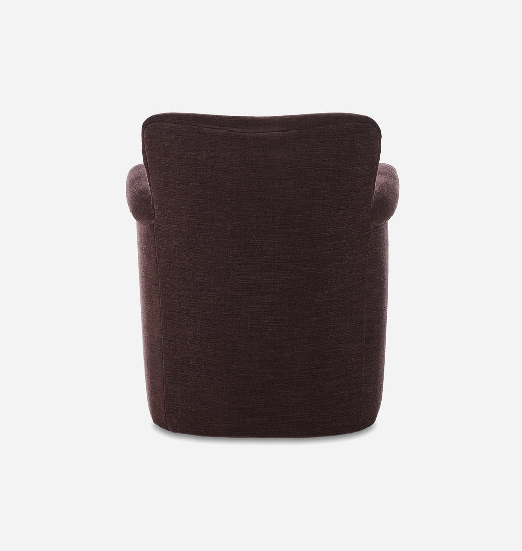 A dark plum upholstered armchair shown from the back against a plain white background.