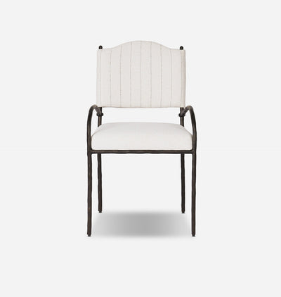 A modern outdoor accent chair with a dark metal frame and off-white striped fabric upholstery on the seat and curved backrest, shown against a light gray background.